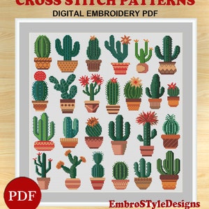 Cactus Cross Stitch Pattern, Potted Cactus Home Plants Cross Stitch Pattern, Modern Floral Embroidery Pattern, PDF file, Digital download