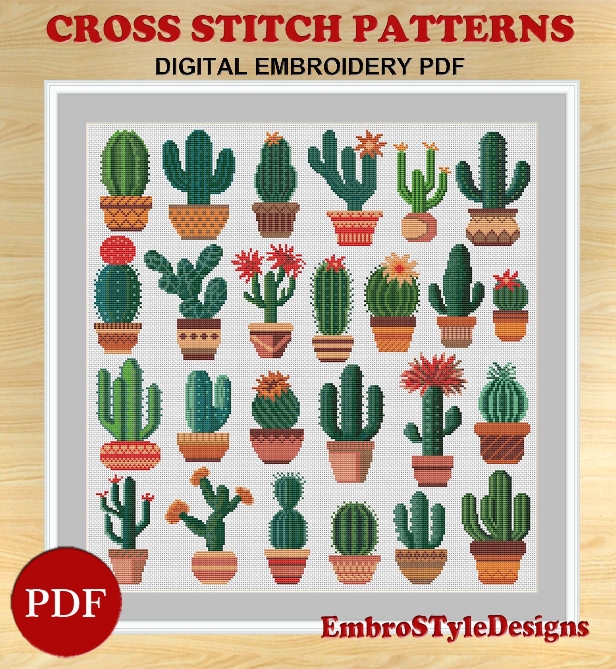 サボテンのクロスステッチパターン：鉢植えの植物の刺繍（PDFファイル