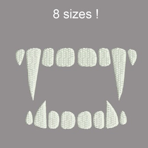 May include: White embroidered fangs with two large fangs in the front.  The text "8 sizes!" is above the fangs.