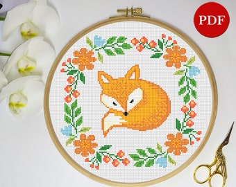 Baby Fox Embroidery Cross Stitch Pattern, Floral Wreath Cross Stitch, Little fox Woodland Nursery decor PDF Pattern, Digital download