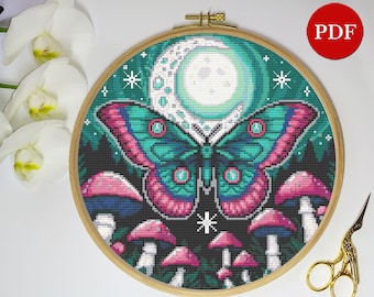Luna Moth and Mushrooms Cross Stitch Pattern: Mystical Gothic Design (PDF Pattern)