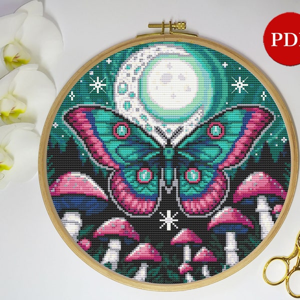 Luna Moth Butterfly and Mushrooms Cross Stitch Pattern, Moon Cross Stitch pattern, Mystical gothic witchy PDF Pattern file,Digital download