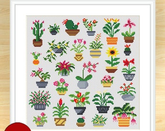 Flowering Plant Cross Stitch Pattern, Home Plants Cross Stitch Pattern, Modern Floral Embroidery Pattern, PDF file, Digital download