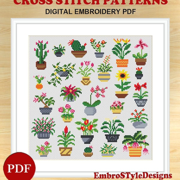 Flowering Plant Cross Stitch Pattern, Home Plants Cross Stitch Pattern, Modern Floral Embroidery Pattern, PDF file, Digital download