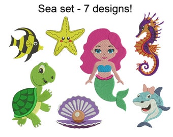 Diseños de bordado de vida marina: sirena, tortuga y concha (archivo digital)