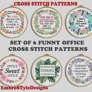 Set of 6 Funny Office Cross Stitch Patterns, Coworker Bundle PDF Pattern file, Snarky Set Hoop art Cross Stitch Patterns, Digital download
