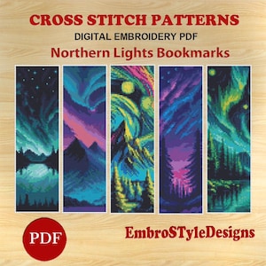 Peut inclure: PDF de broderie numérique avec des motifs de point de croix pour des marque-pages des aurores boréales. Les marque-pages présentent des images pixélisées des aurores boréales en bleu, vert, violet et jaune. Le design comprend le texte "CROSS STITCH PATTERNS" et "Northern Lights Bookmarks".