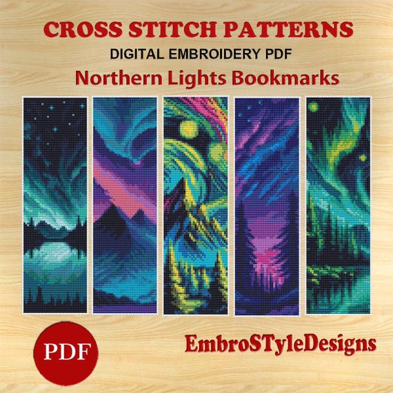 5 Bookmarks Northern Lights Cross Stitch Patterns, Nature Northern Lights bookmarks Pattern, Handmade Bookmark Embroidery Pattern, PDF file