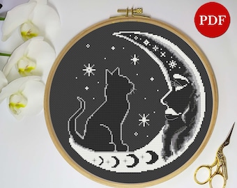 Mystical Cat and Crescent Moon Embroidery Cross Stitch Pattern (PDF Pattern)