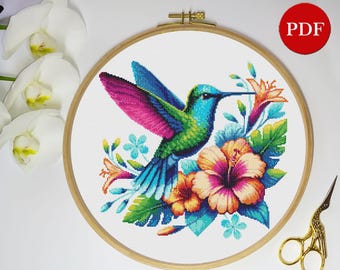 Bright Hummingbird with Flowers Embroidery Cross Stitch Pattern, Colorful Bird Pattern, Hummingbird PDF Pattern file, Digital download