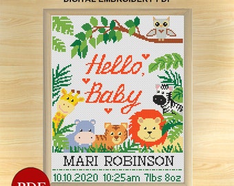 Animals Birth announcement counted cross stitch pattern, Hello baby Nice Animals kids Cross Stitch Pattern, PDF file, Digital download