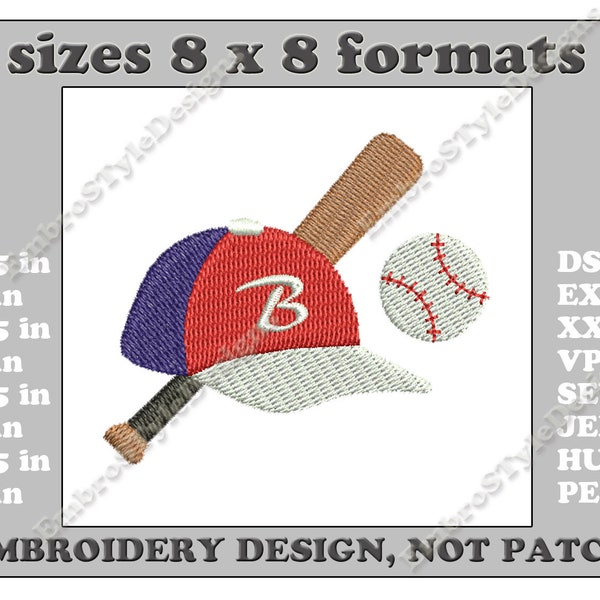 Baseball Embroidery Design, Baseball Bat Cap Ball Machine Embroidery Designs, Baseball Ball Embroidery Design Files, 8 sizes