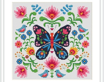 Folk Art Butterfly Cross Stitch Pattern: Geometric Flowers (PDF Pattern)