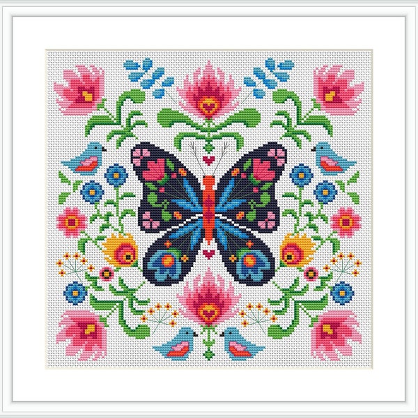 Folk Art Modern Embroidery Cross Stitch Pattern, Geometric Flowers Cross Stitch pattern, Butterfly PDF Pattern file, Digital download