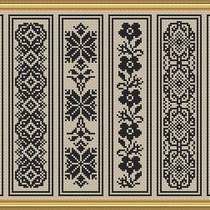 K&ouml;nnte beinhalten: Sechs schwarz-wei&szlig;e Stickmuster auf beigefarbenem Hintergrund. Die Muster sind alle unterschiedlich und beinhalten geometrische Formen, Blumen und andere Designs.