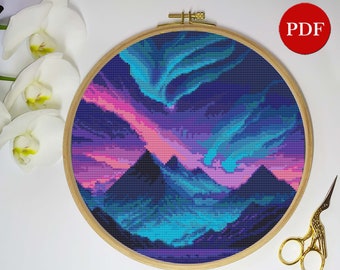 Northern Lights Cross Stitch Pattern, Northern Lights Embroidery Stitch pattern, Counted Cross Stitch PDF Pattern file, Digital download