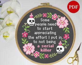 Snarky Floral Wreath Cross Stitch Pattern, Funny Sarcastic Dark Humor (Digital download)