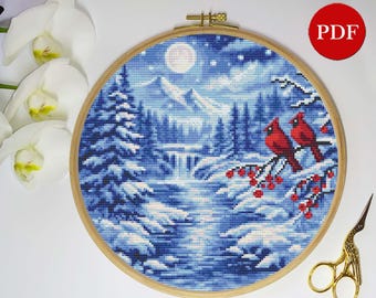 Winter Landscape and Cardinals Counted Cross Stitch Pattern: Snowy Forest Night, PDF Download