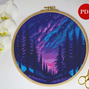 Northern Lights Cross Stitch Pattern, Northern Lights Embroidery Stitch, Night Nature Cross Stitch PDF Pattern file, Digital download