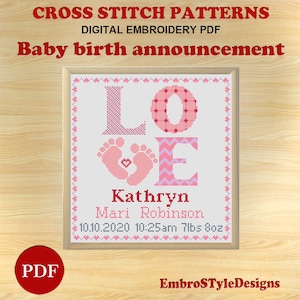 Love birth announcement counted cross stitch pattern, Love feet Cross Stitch Pattern, DIY customizable pattern, PDF file, Digital download