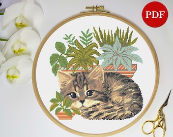 Cat with Plants Cross Stitch Pattern: Kitten Embroidery (PDF Pattern)