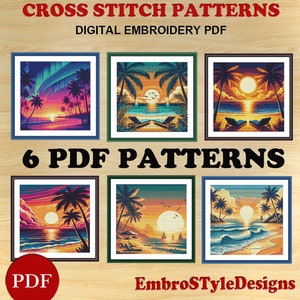 May include: Six digital cross stitch patterns featuring tropical sunset scenes with palm trees, ocean waves, and a beach. The patterns are available as PDF downloads. The text "6 PDF PATTERNS" is displayed below the images. The text "EmbroStyleDesigns" is displayed below the PDF label.