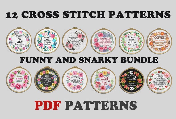Set of 12 Snarky Cross Stitch Patterns: Funny Sarcastic Bundle (PDF Download)