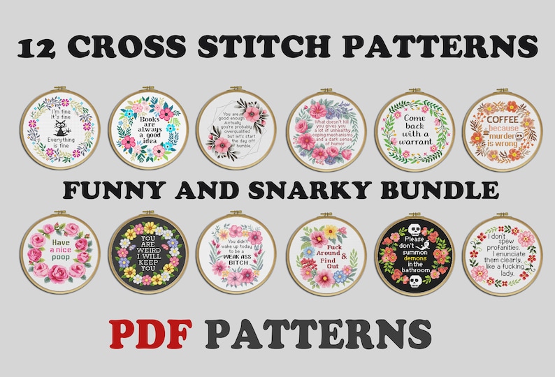 Set of 12 Snarky Cross Stitch Patterns: Funny Sarcastic Bundle (PDF Download) image 1