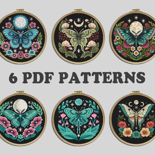 Set of 6 Butterfly Luna Moth Cross Stitch Patterns, Moon Phase Set PDF Pattern file, Bundle Set Hoop art Cross Stitch Patterns, Digital