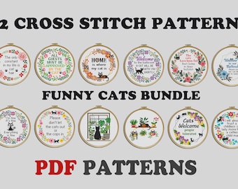 Set of 12 Funny Cats Cross Stitch Patterns: Sarcastic Snarky Bundle (PDF Download)