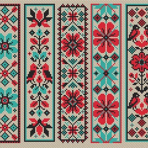 May include: Five vertical panels with cross-stitch patterns. Each panel features a cream background with a black border. The designs include red, turquoise, and black floral and geometric motifs, including flowers and birds.
