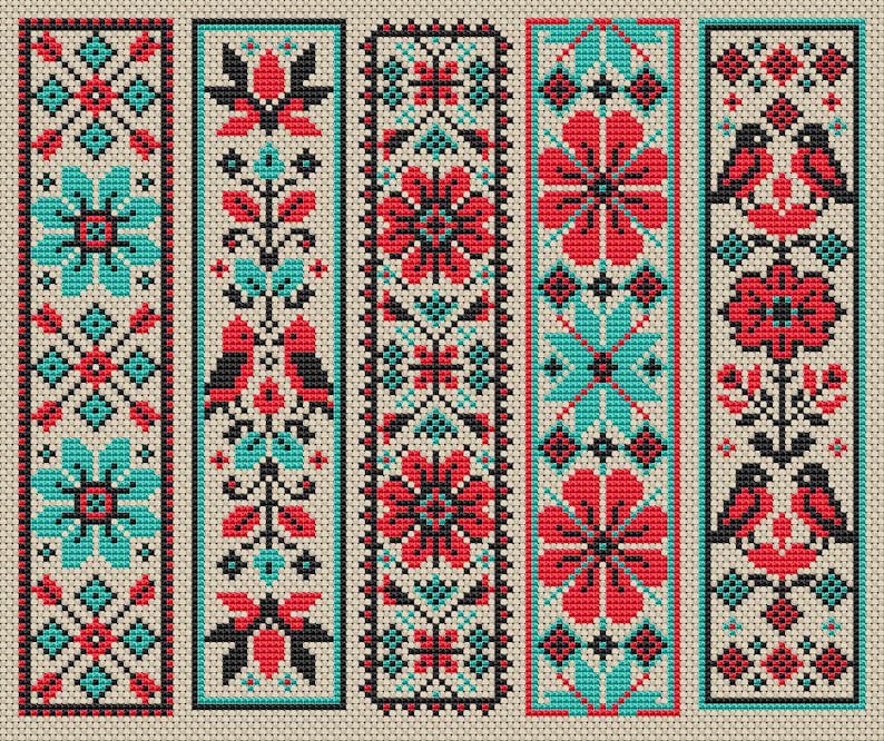 May include: Five vertical panels with cross-stitch patterns. Each panel features a cream background with a black border. The designs include red, turquoise, and black floral and geometric motifs, including flowers and birds.