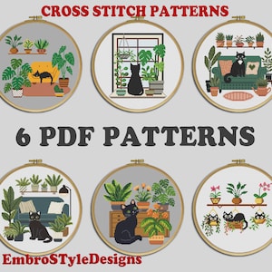 Set di 6 schemi punto croce gatto nero con piante, file PDF schema set piante gatto, set bundle schemi punto croce Hoop art, digitale