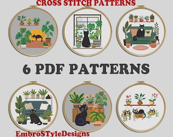 Black Cat & Plants Cross Stitch Patterns: Set of 6 (PDF Pattern)