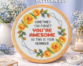 Patrón de punto de cruz floral con frases positivas y divertidas, con cita motivacional (PDF)