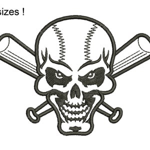 May include: Black and white embroidery design of a skull with crossed baseball bats. The skull has a baseball stitch pattern on the top of the head.