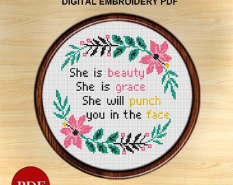 Floral Wreath Cross Stitch Pattern: She Is Beauty (PDF Pattern)