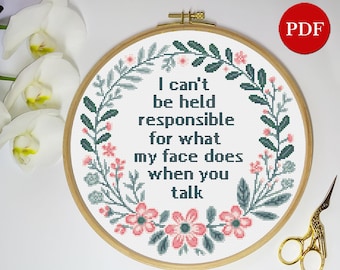 Patrón de punto de cruz de corona floral divertida y responsable: bordado atrevido (patrón PDF)