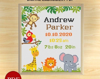 Animals Birth Announcement Cross Stitch Pattern: Kids Room Decor (PDF)