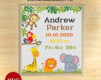 Animals Birth announcement counted cross stitch pattern, Nice Animals kids girl boy Cross Stitch Pattern, PDF file, Digital download