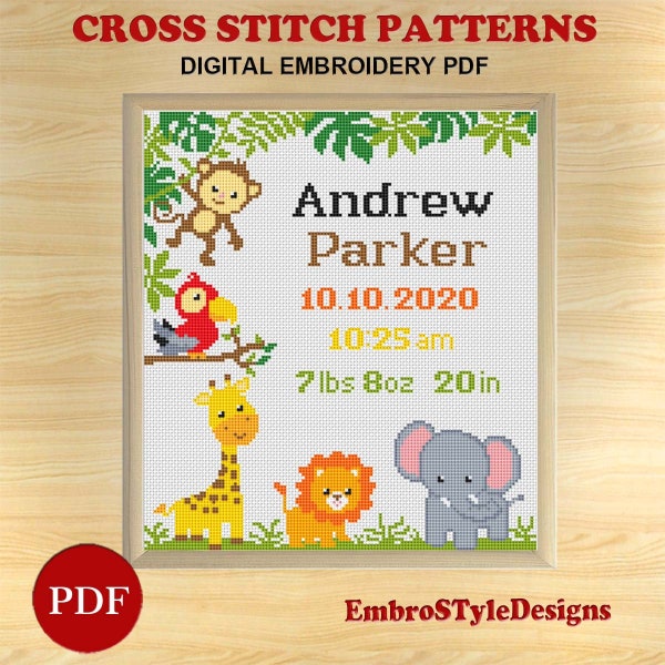 Animals Birth announcement counted cross stitch pattern, Nice Animals kids girl boy Cross Stitch Pattern, PDF file, Digital download