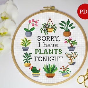 Jag har växter ikväll korsstygnsmönster, broderi med krukväxter (PDF-mönster)