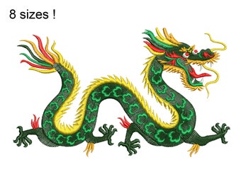 Diseño de bordado de dragón chino: Dragón serpiente colorido (8 tamaños) (archivo digital)