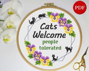 Funny Cats Welcome Cross Stitch Pattern: Floral Sarcastic Quote (PDF Download)