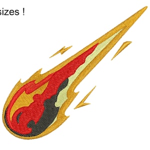 May include: A red, yellow, and black embroidered design of a comet with a tail of flames. The comet is flying through the air.