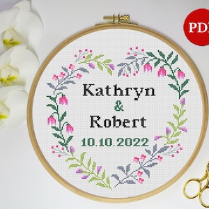 Wedding modern cross stitch pattern, Custom personalized love anniversary flower Wreath Cross Stitch, PDF file, Digital download