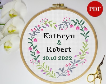 Wedding Flower Wreath Cross Stitch Pattern, Personalized Anniversary Gift (PDF Pattern)