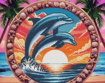 Dolphins in the Sea Counted Cross Stitch Pattern: Summer Sunset, Animal Pattern, PDF Download