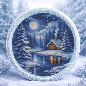 Snowy Winter Landscape Counted Cross Stitch Pattern: Forest Serene Forest, River, and Foggy Woodland