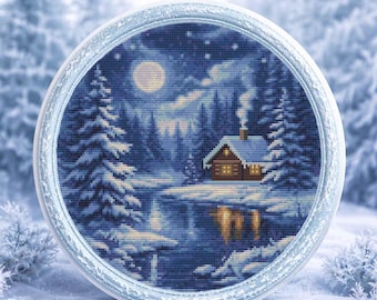 Snowy Winter Landscape Counted Cross Stitch Pattern: Forest Serene Forest, River, and Foggy Woodland